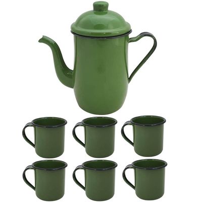 Bule Café Esmaltado 1,25 Litros e 6 Xícaras 70ml Tradicional Verde Botânico