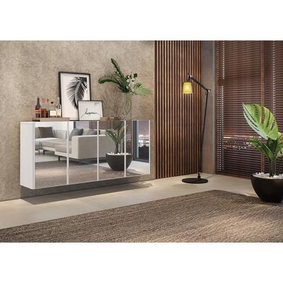 Aparador Buffet 4 Portas com Espelho Suspenso Branco