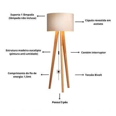 Luminária De Chão Abajur Com Cúpula E Pés De Madeira Mobigu Off White