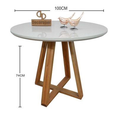 Mesa Jantar Base X Tampo Redondo Laca Com Vidro 100cm Off White