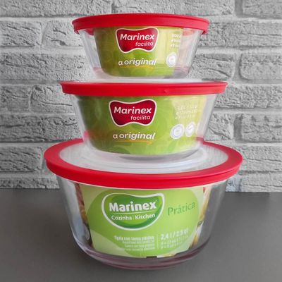 Conjunto 3 Potes de Vidro Redondo com Tampa Tigelas 600ml 1,2l 1,4l Marinex