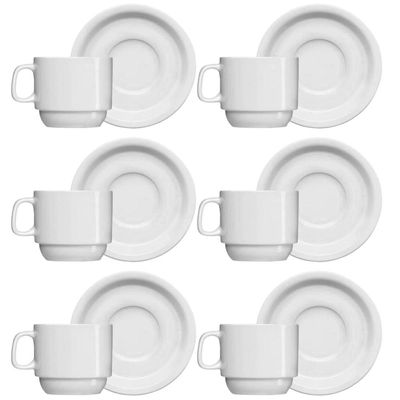Jogo 6 Xícaras de Chá com Pires de Porcelana 215ml Classe Única Iguaçu Germer Branco