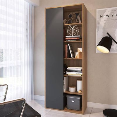 Estante e Livreiro com Porta Prateleiras Grafite e Mel 70cm Placa e Ponto Organizador Multiuso