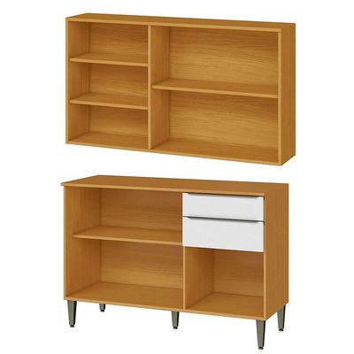 Conjunto Armário Aéreo E Balcão 120cm 100% Mdf Luna Cinamomo/branco