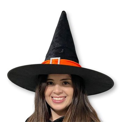 Chapéu De Bruxa Preto Com Fecho E Faixa Laranja Veludo