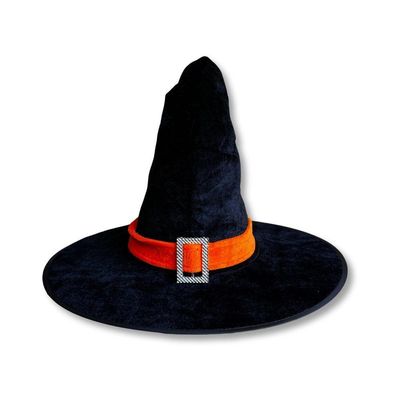 Chapéu De Bruxa Preto Com Fecho E Faixa Laranja Veludo