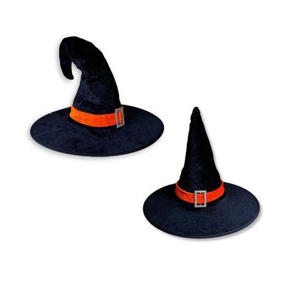 Chapéu De Bruxa Preto Com Fecho E Faixa Laranja Veludo