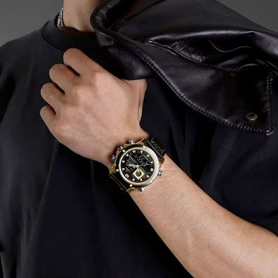 Relógio Masculino De Exibição Dupla Esportivo Militar De Quartzo Impermeavel 3atm À Prova Da Água Preto Dourado