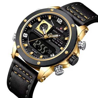 Relógio Masculino De Exibição Dupla Esportivo Militar De Quartzo Impermeavel 3atm À Prova Da Água Preto Dourado