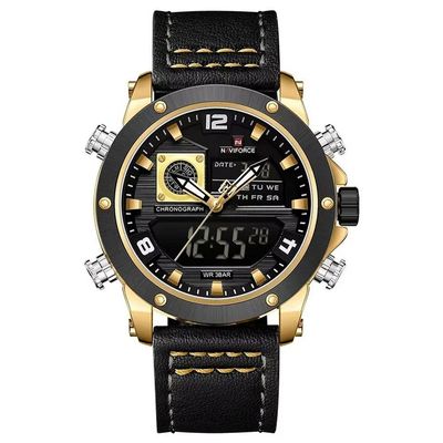 Relógio Masculino De Exibição Dupla Esportivo Militar De Quartzo Impermeavel 3atm À Prova Da Água Preto Dourado