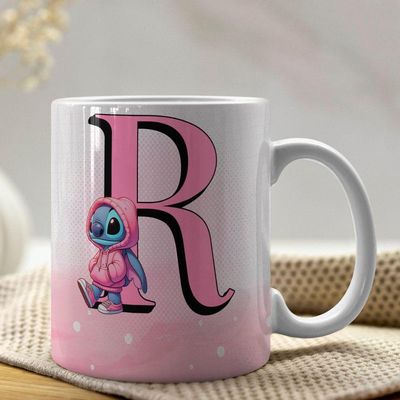 Caneca De Porcelana Stitch Letras A-z 325ml Rosa R