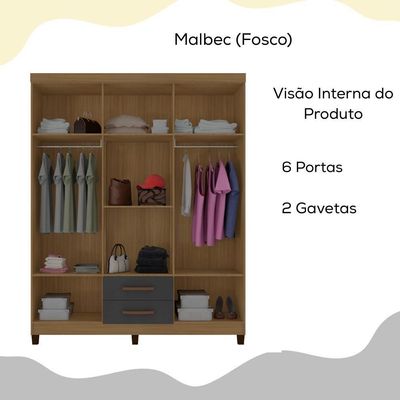 Guarda Roupa Casal Espelho 6 Portas 2 Gavetas Moden 150 Cm Malbec Incp