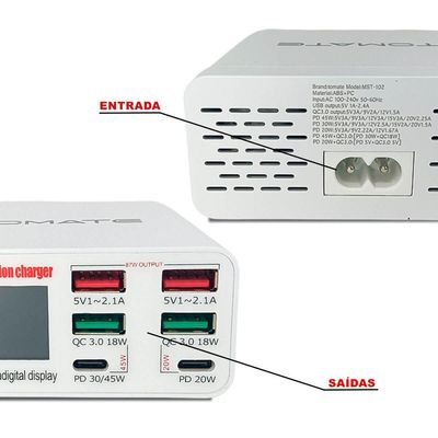 Carregador Inteligente Com Usb Tipo-c 6 Portas Potente 87w
