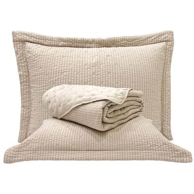 Kit Cobre Leito Colcha Casa Scarpa Anabela Queen Dupla Face Texturizado Percal 300 Fios 3 Peças - Bege - 100% Poliéster