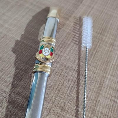 Bomba de Chimarrão Inox 25cm Mil Furos Brasão Bojo Rosca Escovinha Bortonaggio