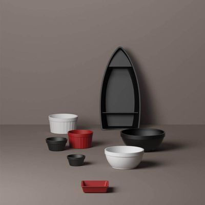 Kit 6 Barcas Sushi Comida Japonesa Oriental 27,5x13cm Plástica Divisórias Preto Uno Coza