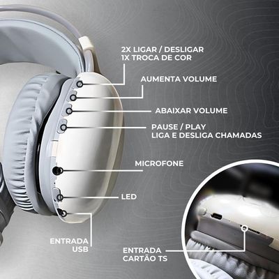 Fone De Ouvido Sem Fio Bluetooth V5.3 Com Led Rgb Headset Bluetooth Disco Pulse