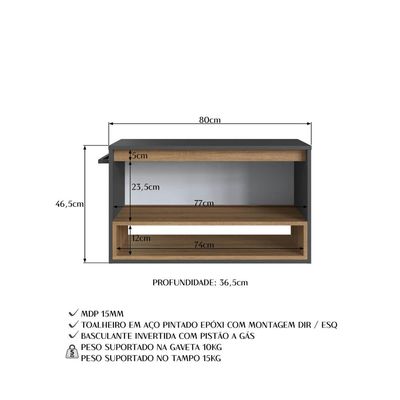 Gabinete Suspenso 80cm Mel Grafite com Nicho Toalheiro Porta BH8060MG
