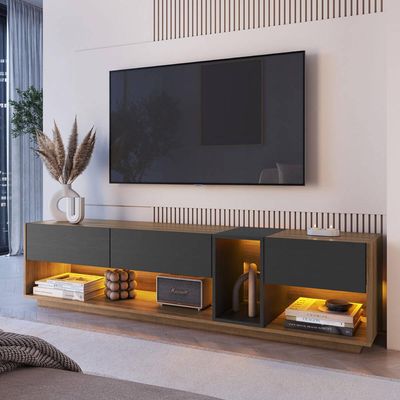 Rack Tv até 65" 180x37x46cm Mel Grafite 3 Gavetas Nicho Led Iluminação RGB Grafite