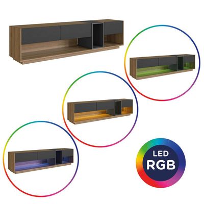 Rack Tv até 65" 180x37x46cm Mel Grafite 3 Gavetas Nicho Led Iluminação RGB Grafite