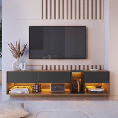 Rack Tv até 65" 180x37x46cm Mel Grafite 3 Gavetas Nicho Led Iluminação RGB Grafite