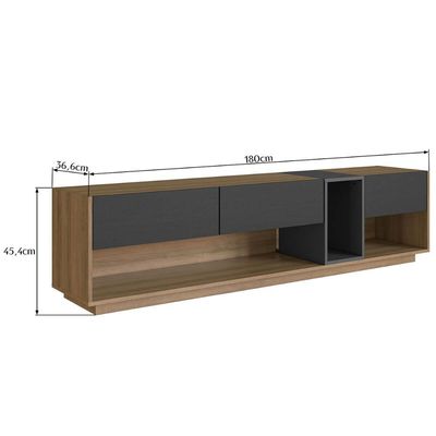 Rack Tv até 65" 180x37x46cm Mel Grafite 3 Gavetas Nicho Led Iluminação RGB Grafite