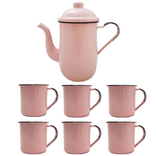 Bule Café Esmaltado 1,25 Litros e 6 Xícaras 70ml Tradicional Rosa