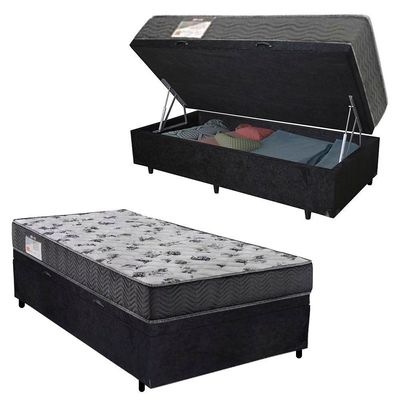 Cama Box Baú Solteiro Suede + Colchão De Espuma D33 Serene 88cm Preto