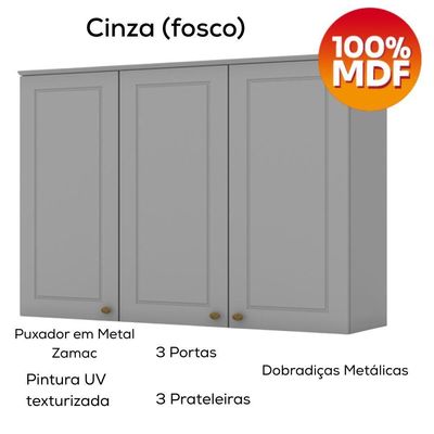 Armário Aéreo 3 Portas MDF 120 Cm Americana C352 Cinza Henn
