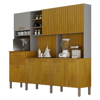 Armário Cozinha Lira Plus 9 Portas 2 Gvts Nicho Mobilihouse Cinamomo/cinza Acetinado