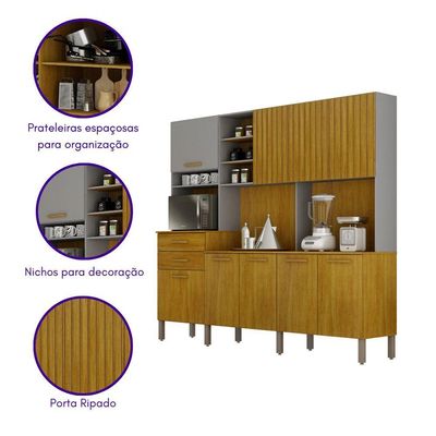 Armário Cozinha Lira Plus 9 Portas 2 Gvts Nicho Mobilihouse Cinamomo/cinza Acetinado