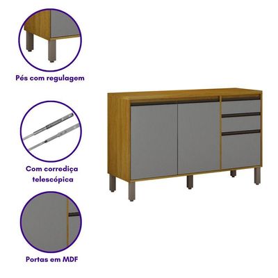 Balcão De Cozinha Nala 3 Portas 2 Gavetas Mobilihouse Cinamomo/cinza Acetinado