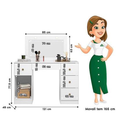Penteadeira Camarim Sonhos Com Porta E 5 Gavetas Branco Moval Branco
