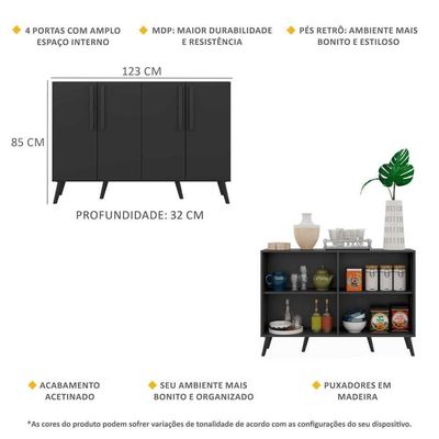 Aparador Buffet 4 Portas Com Pés Retrô Viena Preto
