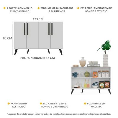Aparador Buffet 4 Portas Com Pés Retrô Viena Branco/preto