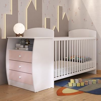 Berço Cômoda Com Colchão Incluso Colinho De Mãe Multimóveis Branco/rosa