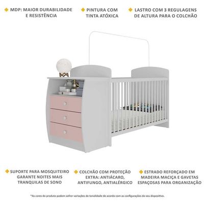 Berço Cômoda Com Colchão Incluso Colinho De Mãe Multimóveis Branco/rosa