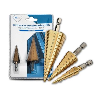 Kit 3 Brocas Escalonadas Profissional Titânio Hss 12-32mm