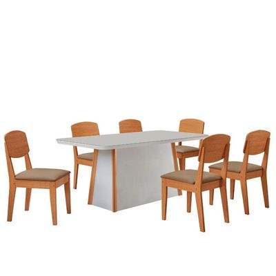 Mesa Diane 180cm Tampo Mdf Vidro Canto Copo Com 6 Cadeiras Vel Capuccino /off /naturale /serig Off