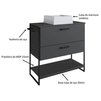Gabinete Para Banheiro 80cm P1028 Grafite Com cuba Ametista Branca