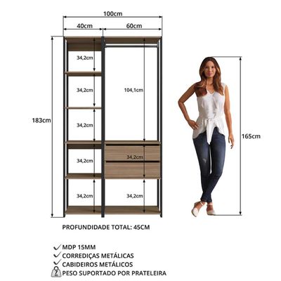 Guarda Roupa Closet 2 Peças Cabideiro Gaveta Preto e Montana com Nicho Módulo Multiuso Easy Prodecor