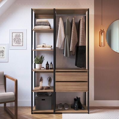 Guarda Roupa Closet 2 Peças Cabideiro Gaveta Preto e Montana com Nicho Módulo Multiuso Easy Prodecor