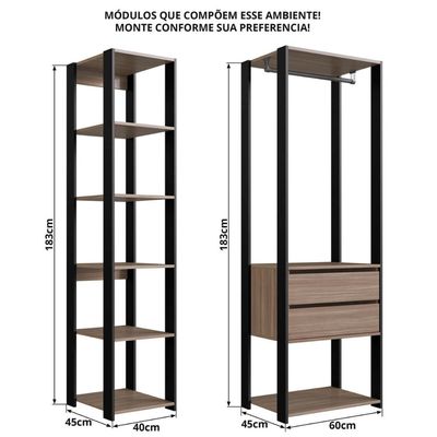 Guarda Roupa Closet 2 Peças Cabideiro Gaveta Preto e Montana com Nicho Módulo Multiuso Easy Prodecor