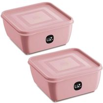 2 Potes Plásticos UZ Rosa Quadrado Multiuso 1,5L com Tampa Premium Alimentos