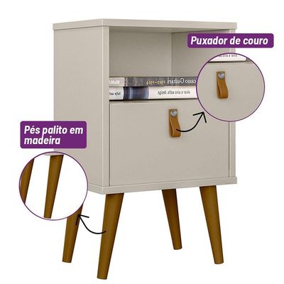 Mesa de Cabeceira Com Pés Palito Bob 1 Gaveta e Nicho Off White