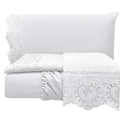 Jogo De Cama Lençol Bella Queen 4 Peças Micropercal 300 Fios Bordado Inglês Macio Branco 100% Poliéster