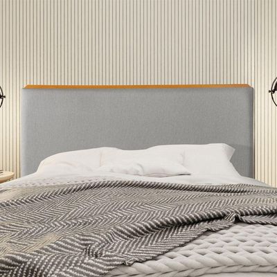 Cabeceira Cama Box King 1,93m Estofada Detalhe Em Madeira Java Linho Cinza