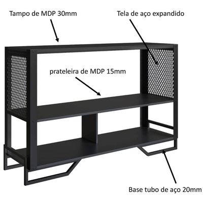 Aparador 2 Prateleiras Estilo Industrial Telado P1021 Preto Placa e Ponto