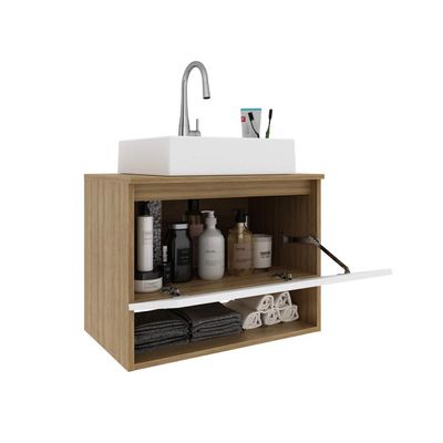 Balcão Gabinete Suspenso para Banheiro 60cm com 1 Porta e Nicho BN3606 Amêndoa Branco SEM CUBA