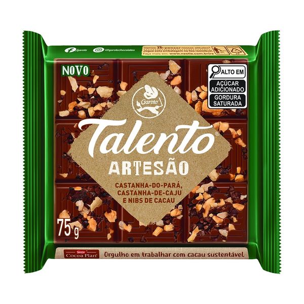Chocolate Talento Artesão Castanha do Pará, Caju e Nibs de Cacau 75g